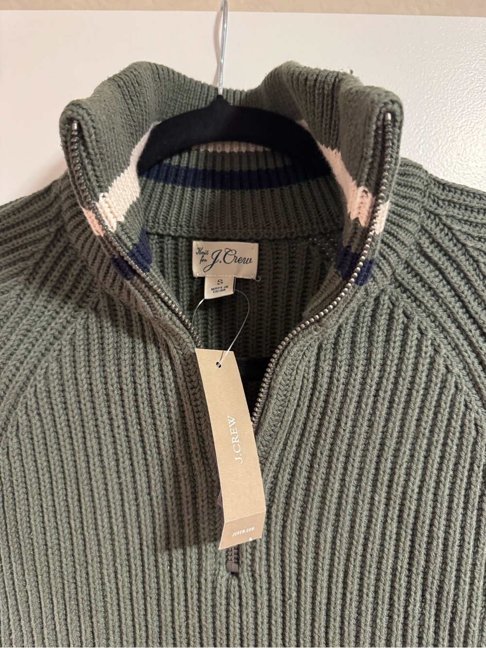 J. Crew Men's Ribbed Zip-Neck Sweater in Olive with Navy & Cream Stripe